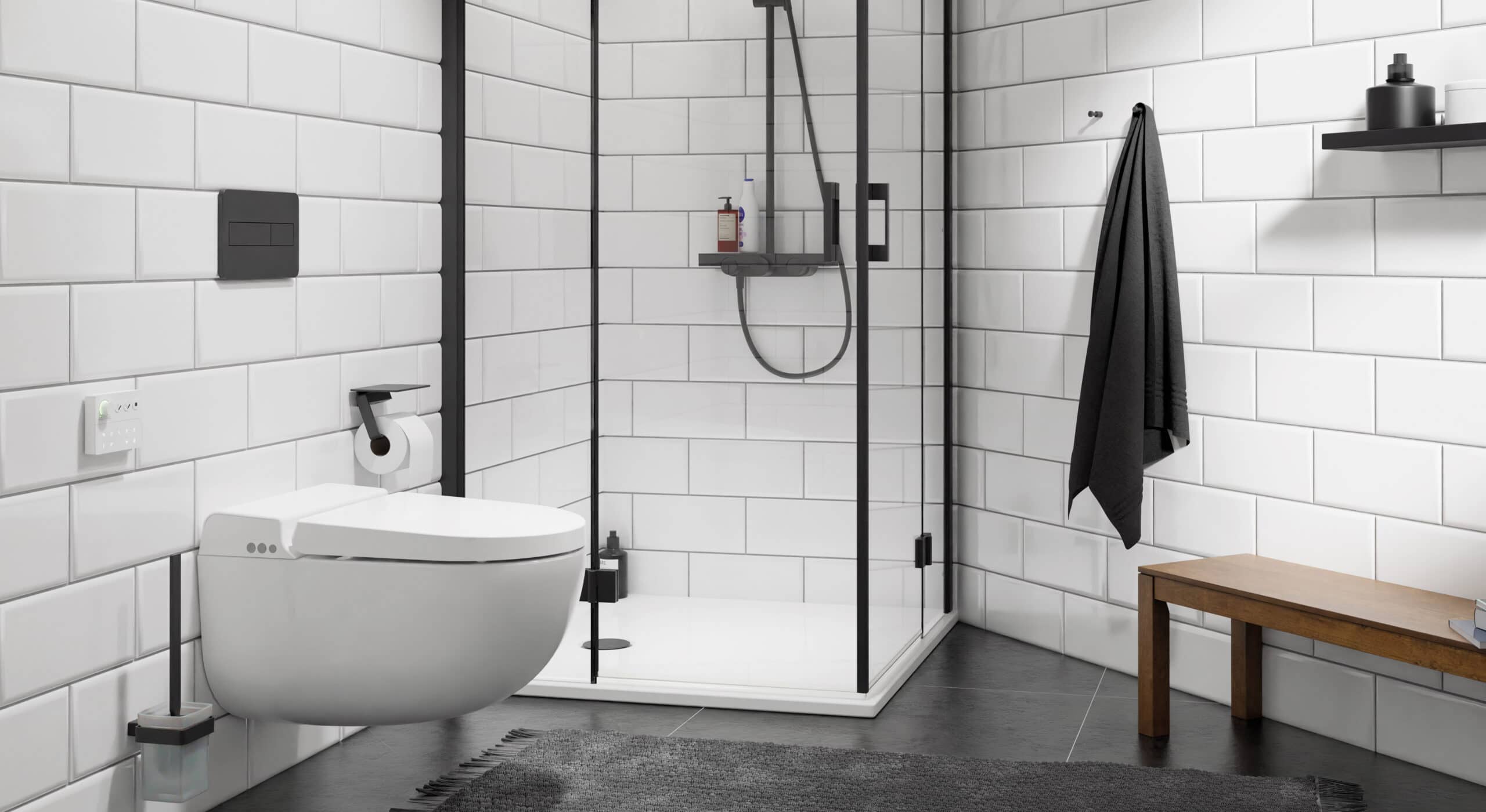 Modernes Badezimmer mit weißen Metro-Fliesen, schwarzer Ausstattung und begehbarer Glasdusche
