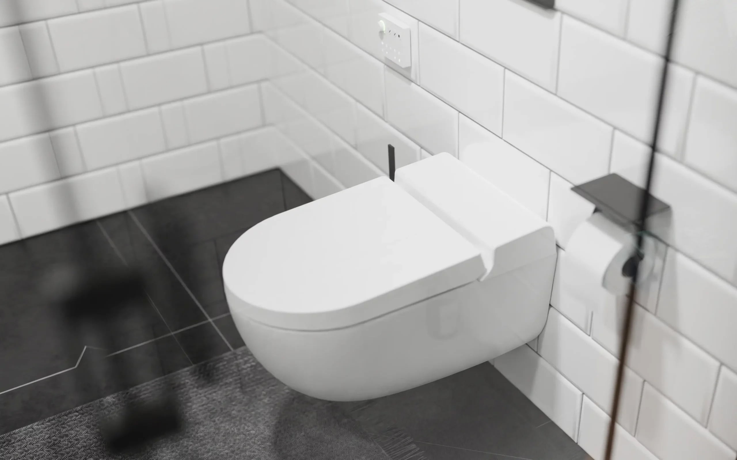 Modernes weißes Bad im Metro-Stil mit Wand-WC und schwarzen Accessoires