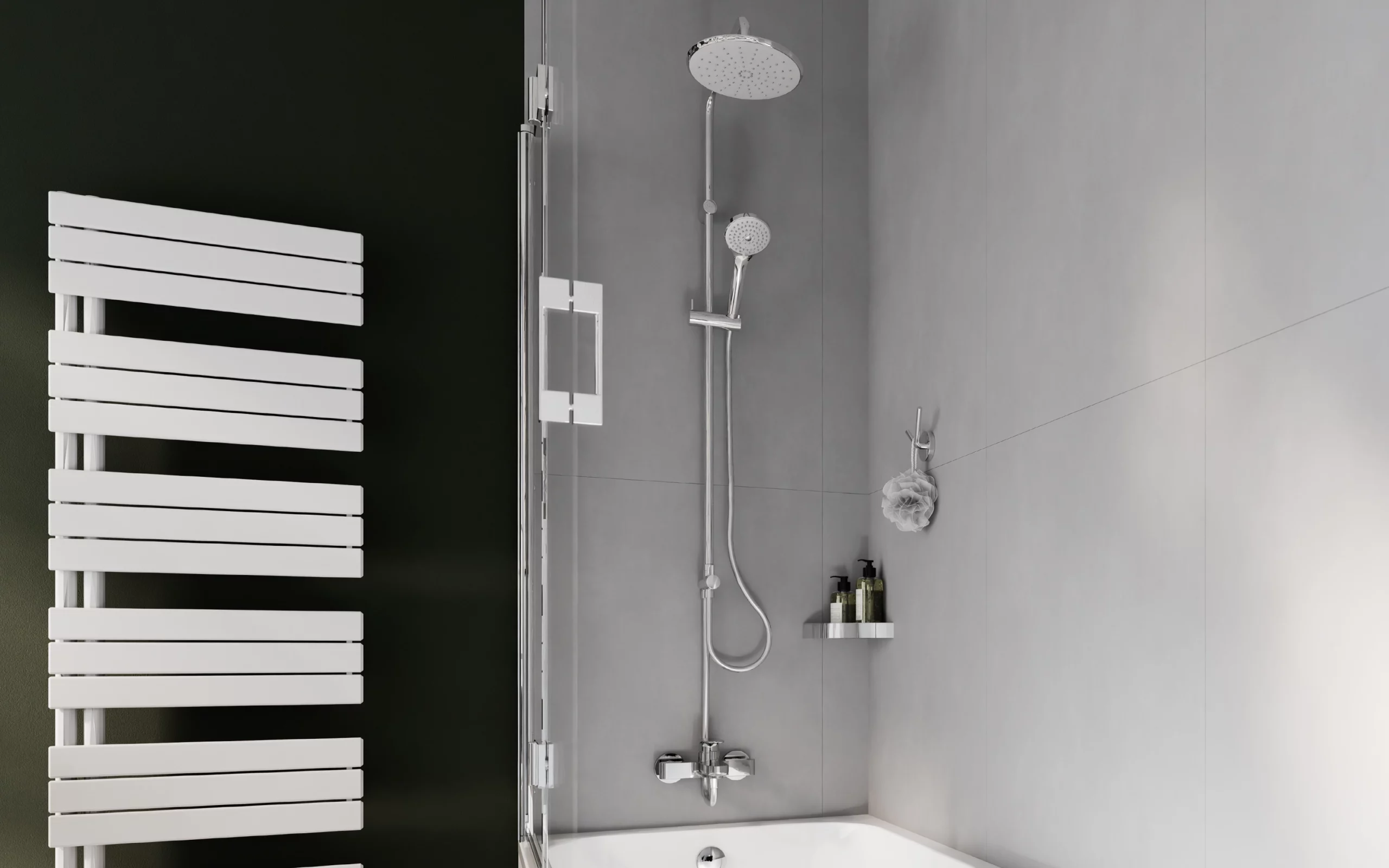Duschwanne mit Regendusche, Handbrause und weißem Handtuchheizkörper.