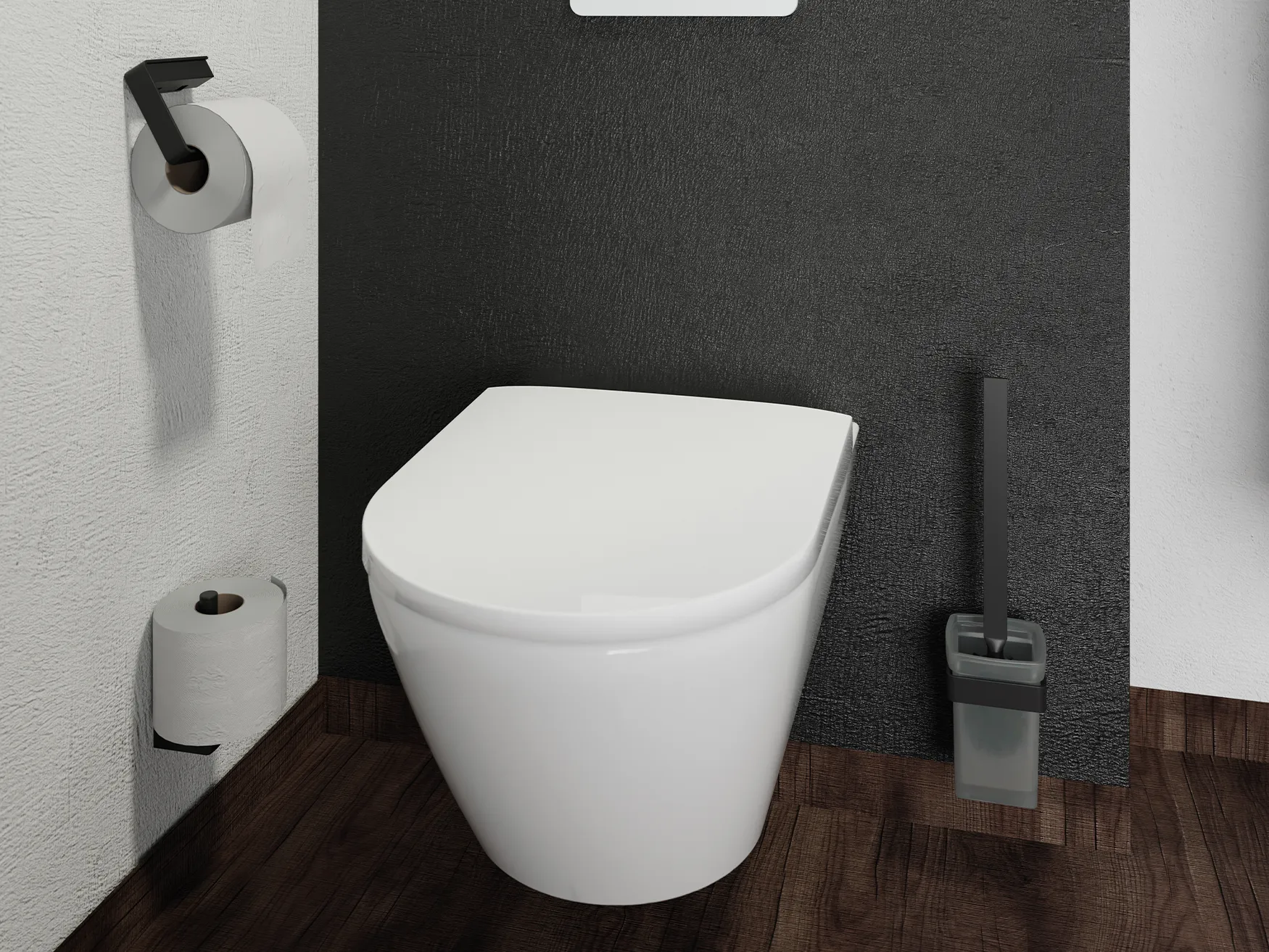 Wandhängendes WC mit schwarzer WC-Bürste und Toilettenpapierhalter auf Fliesen.
