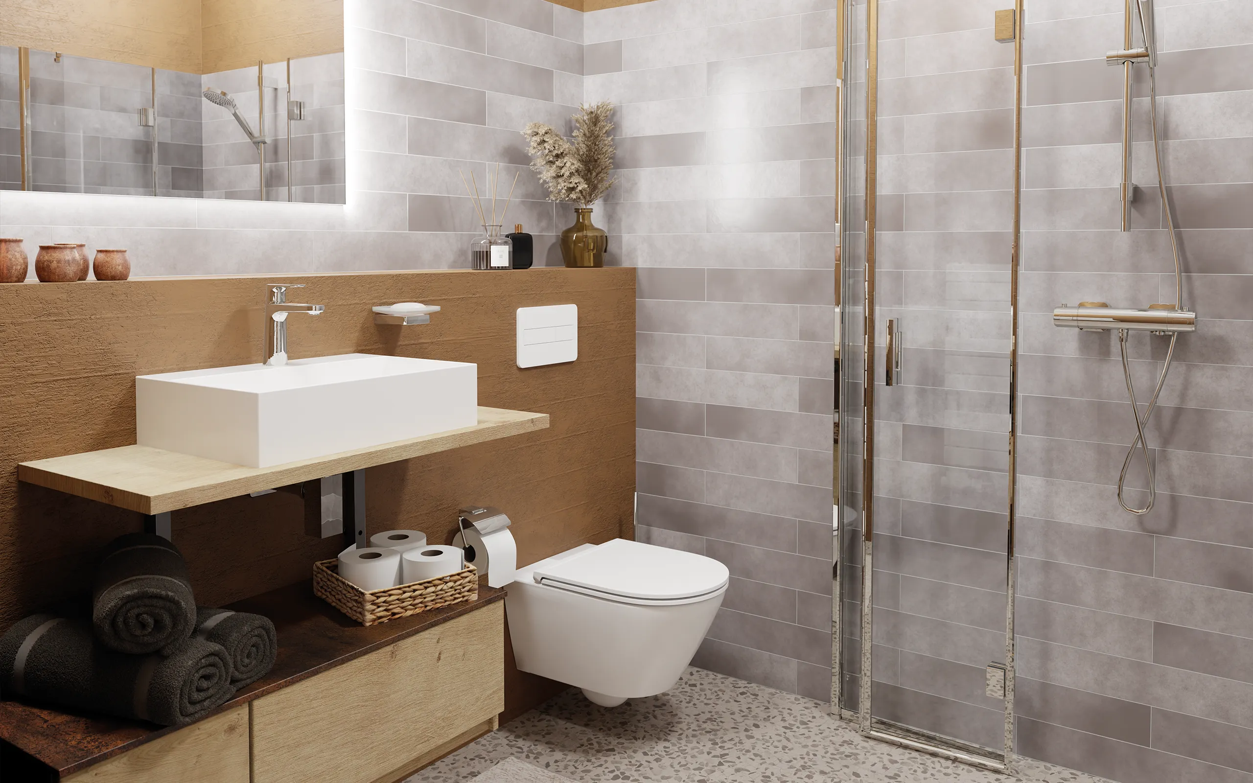 Modernes Bad mit blauen Fliesen, Aufsatzwaschbecken, WC und Glasdusche.